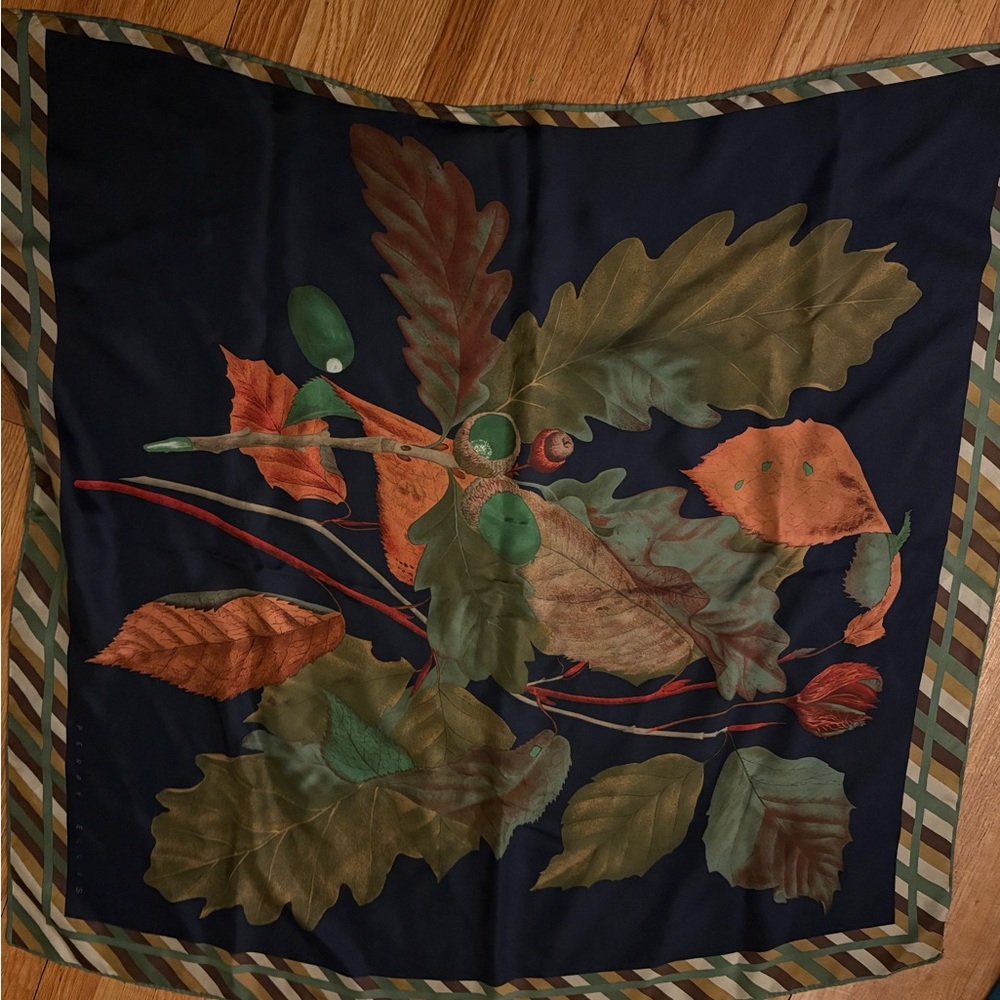 Perry Ellis Navy Silk Scarf with Autumn Leaf Motif